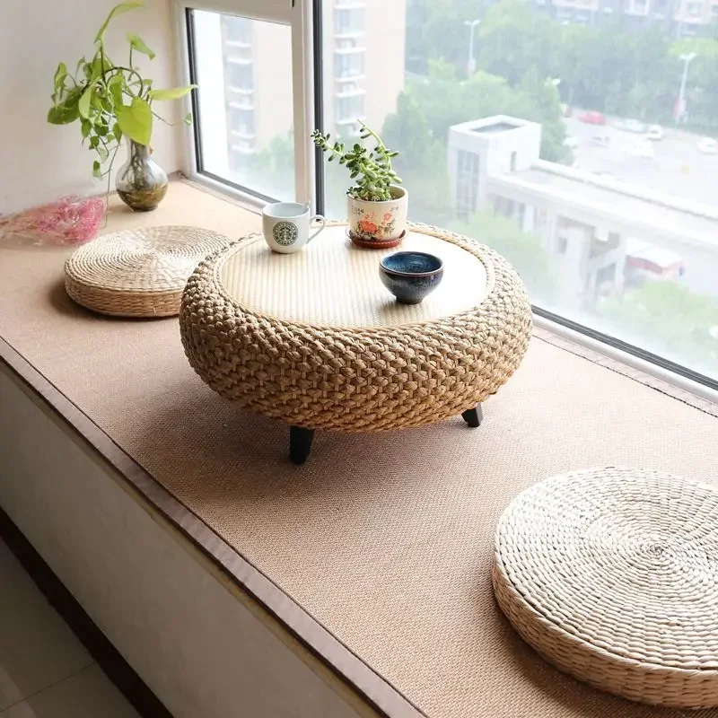 

Chinese Style Rattan Woven Window Table Tatami Coffee Table Minimalist Floor Low Desk, Wooden Window Sill, Living Room Furniture