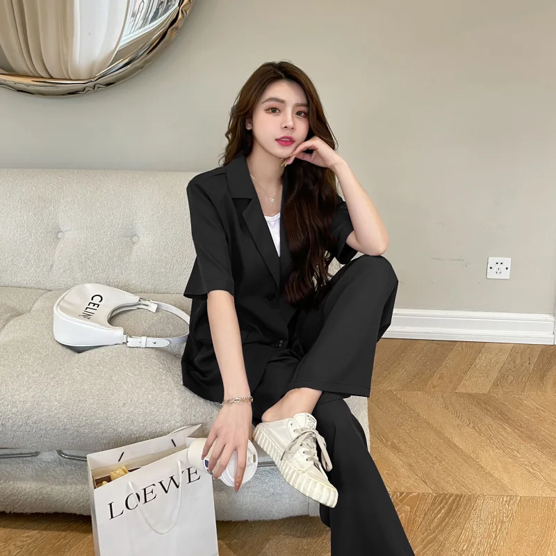 Summer Casual Women\'s Short-sleeved Blazer & Wide Leg Pants Women\'s Office Women\'s Suit Korean Version 2 Piece Sets Women Outfit