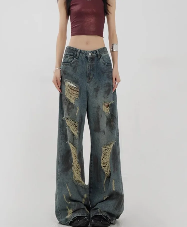 Ladies Casual Baggy Ripped Slouchy Jeans for Women Clothing Girls Fashion Tie-dyed Denim Wide Leg Pants Female Clothes BAAY3561