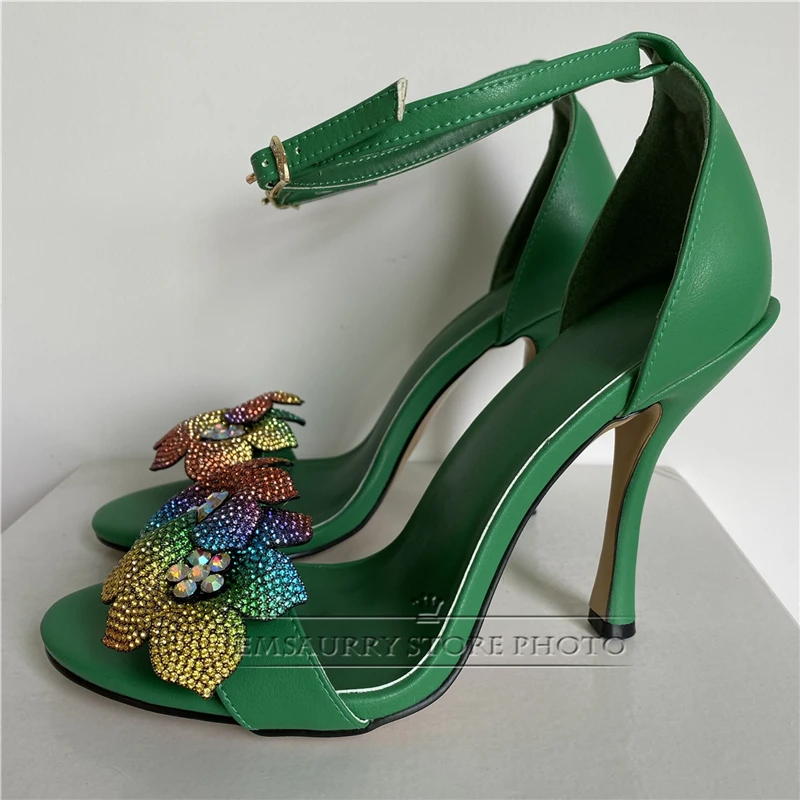 Beaded Crystal Shell-Flower Modern Sandals Women 10cm Stiletto Heel Genuine Leather One-Strap Summer Shoes For Girls