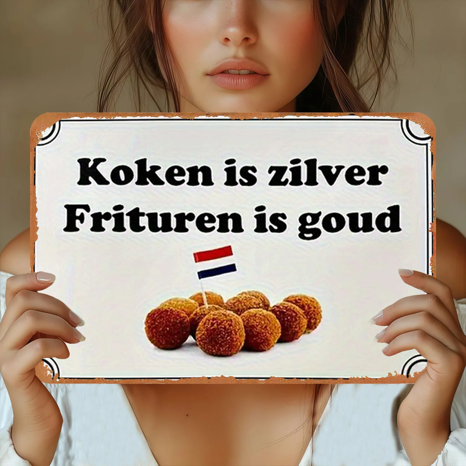 2D Flat, 1pc, Metal Sign, Dutch Cuisine Themed Art: Fried Food Shining Brightly, Home, Garden, Cottage And Bathroom Decor