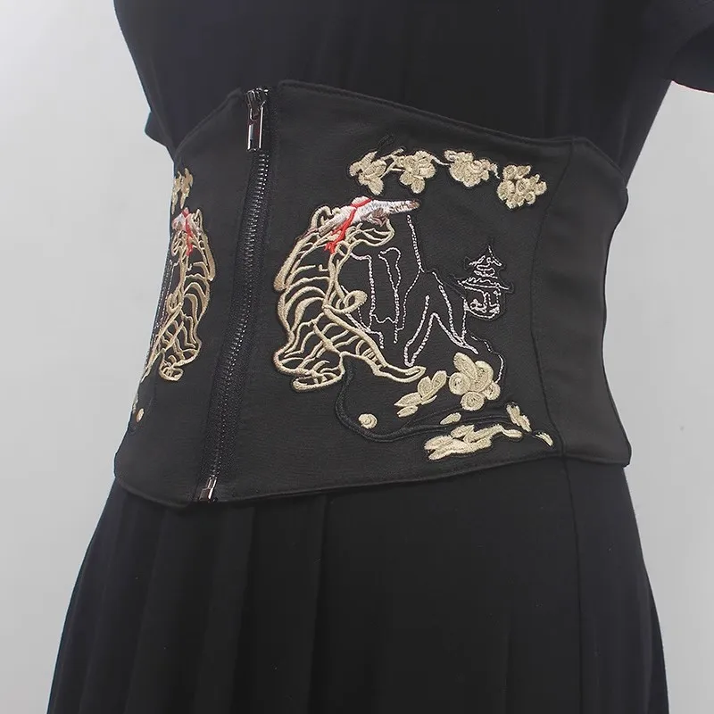 Women's Runway Fashion Vintage Embroidery Elastic Cummerbunds Female Dress Corsets Waistband Belts Decoration Wide Belt R192