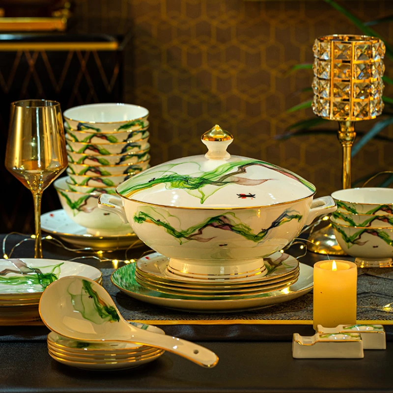 

Tableware Set: Light Luxury Bone Porcelain Bowls and Dishes, High end and Simple Gold Edge for Home Use