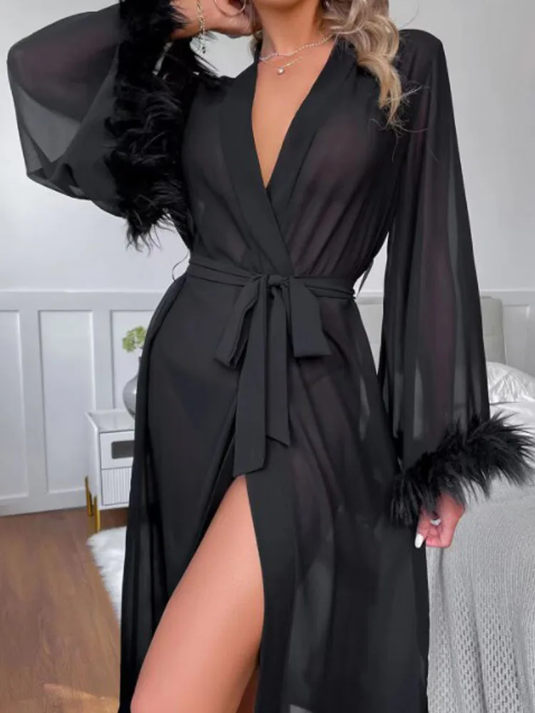 

Women's Satin Robe Long Belt Contrast Lace Light Luxury Sexy Nightgown Loungewear