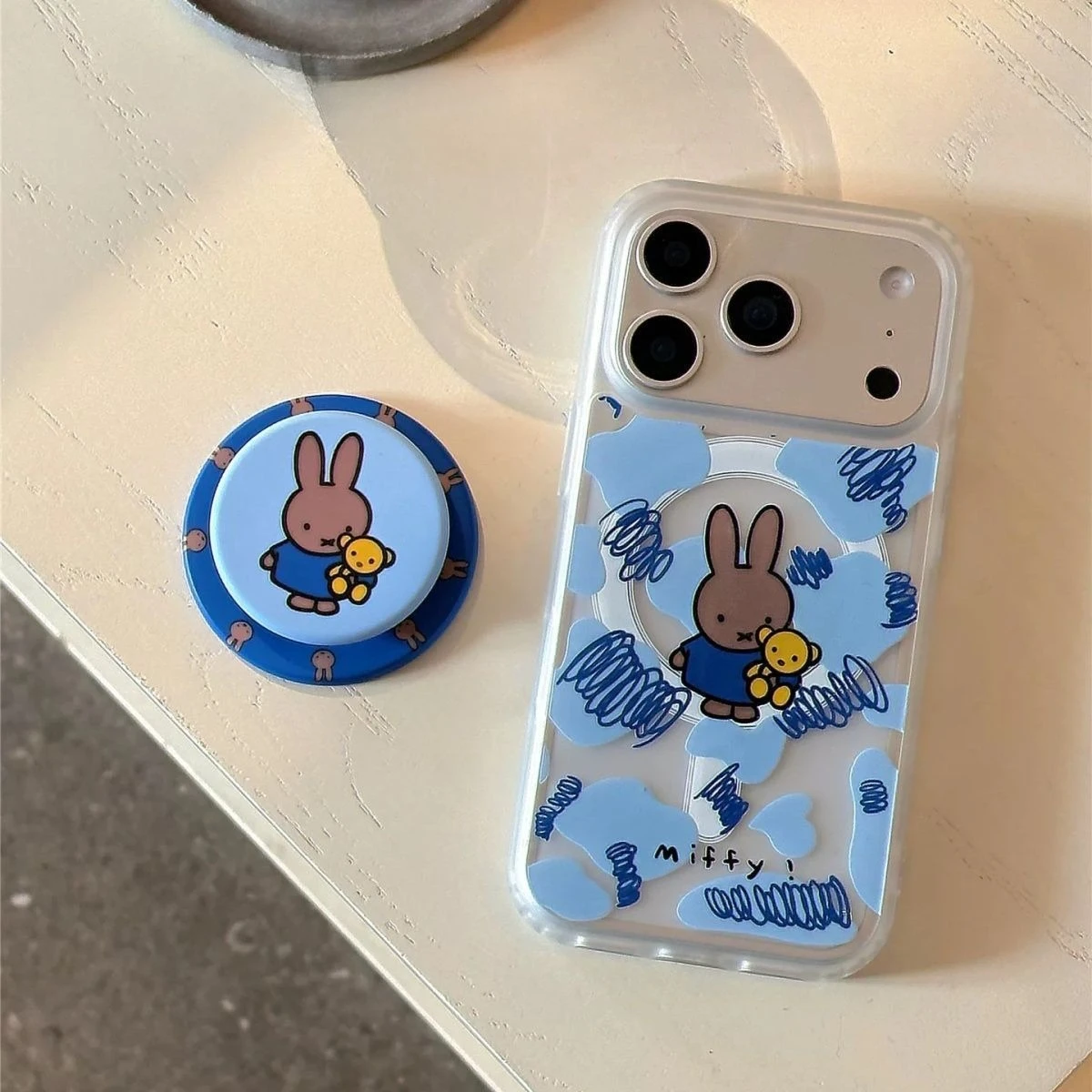Miffy Rabbit Kawaii Anime Cartoon Graffiti Blue Line Brown Leather Miffy Magnetic Holder Mobile Phone Case for Iphone17/16/15