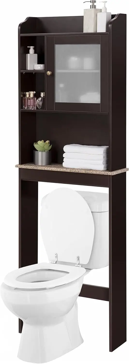 

Over The Toilet Cabinet Space-Saving Bathroom Freestanding Cabinet with Glass Door and Adjustable Shelves, Espresso Coat racks