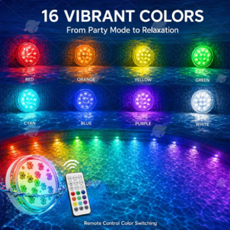 Safe Low Voltage Submersible LED Pool Lights 16 RGB Colors Wireless Remote IP68 Waterproof Light for Spa Fountain Party Decor