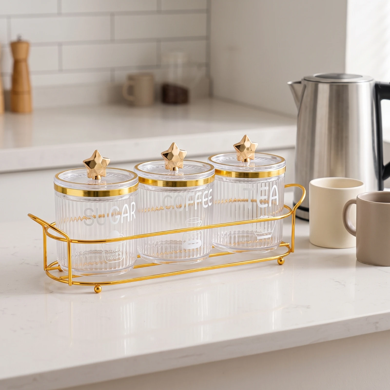Canister Set with Rack Countertop Kitchen Storage Rack with Canisters Canisters with Lids Gold-Tone for Coffee Bar, Pantry