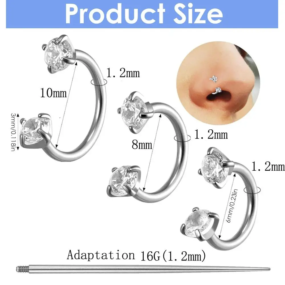1/5Pcs Set Horseshoe Nose Ring Horse Flat Back Helix Cartilage Lip Piercing Jewelry Internal Threaded Piercing Grabber Tool
