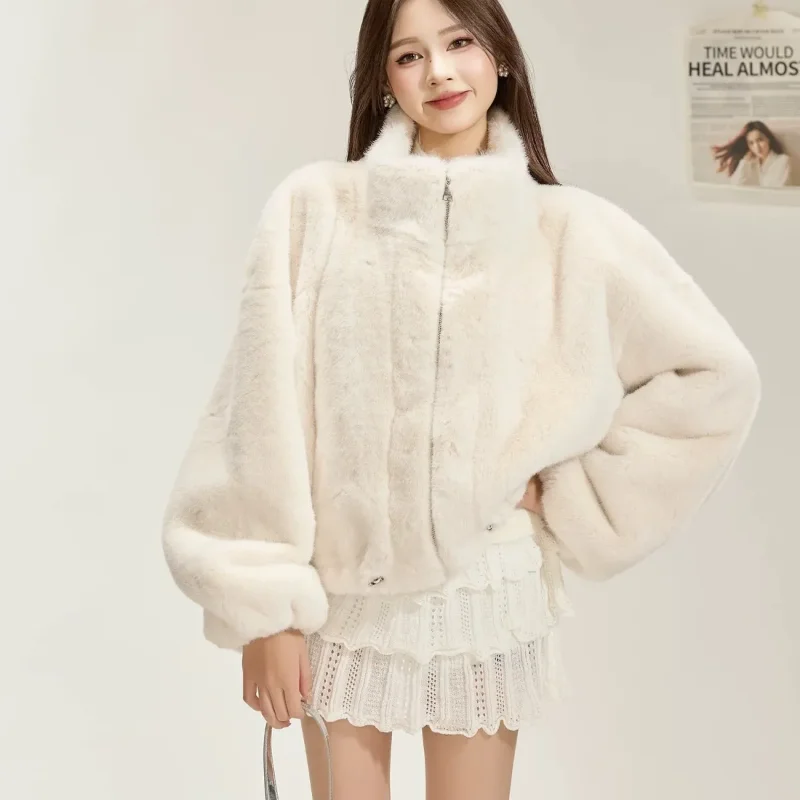 Women Stand Collar Faux Fur Jacket Solid Color Short Plush Coat Elegant Lady Style Drawstring Hem Winter Outerwear