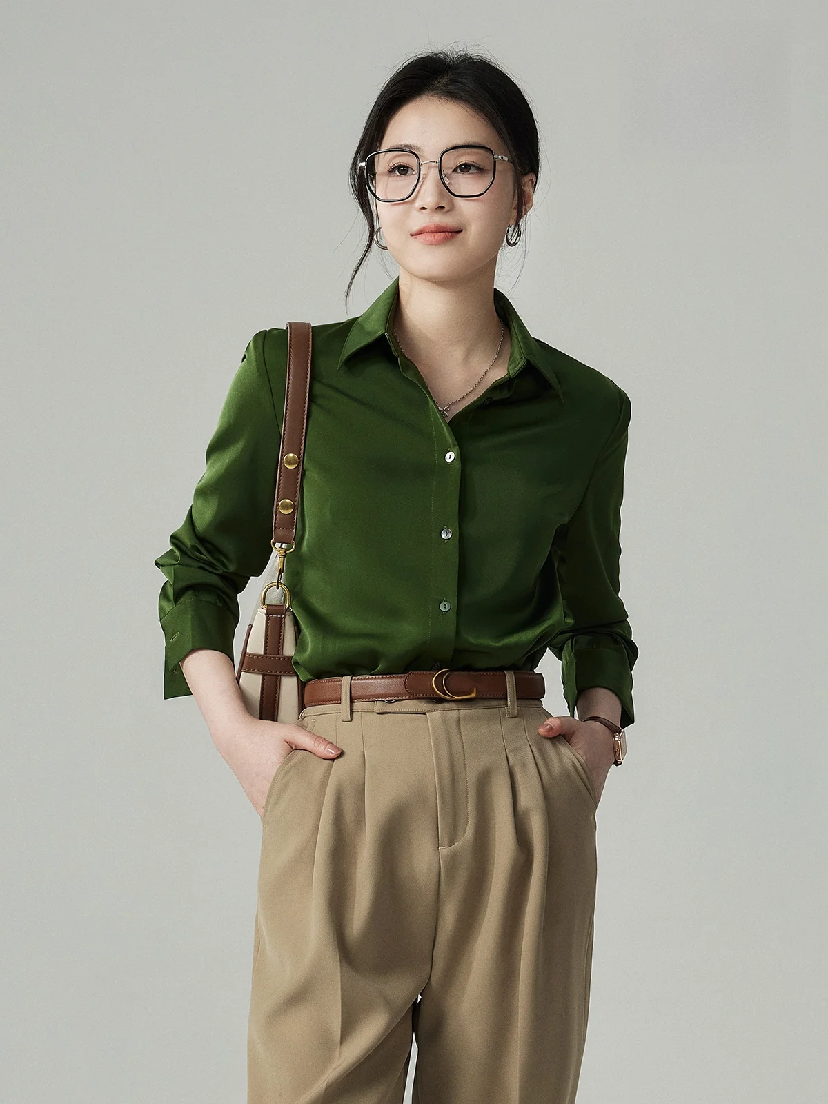 

Elegant Green Silk Satin Women's Shirt Vintage Hong Kong Style Spring Design Aoye Home Original Design Straight Cut Breathable