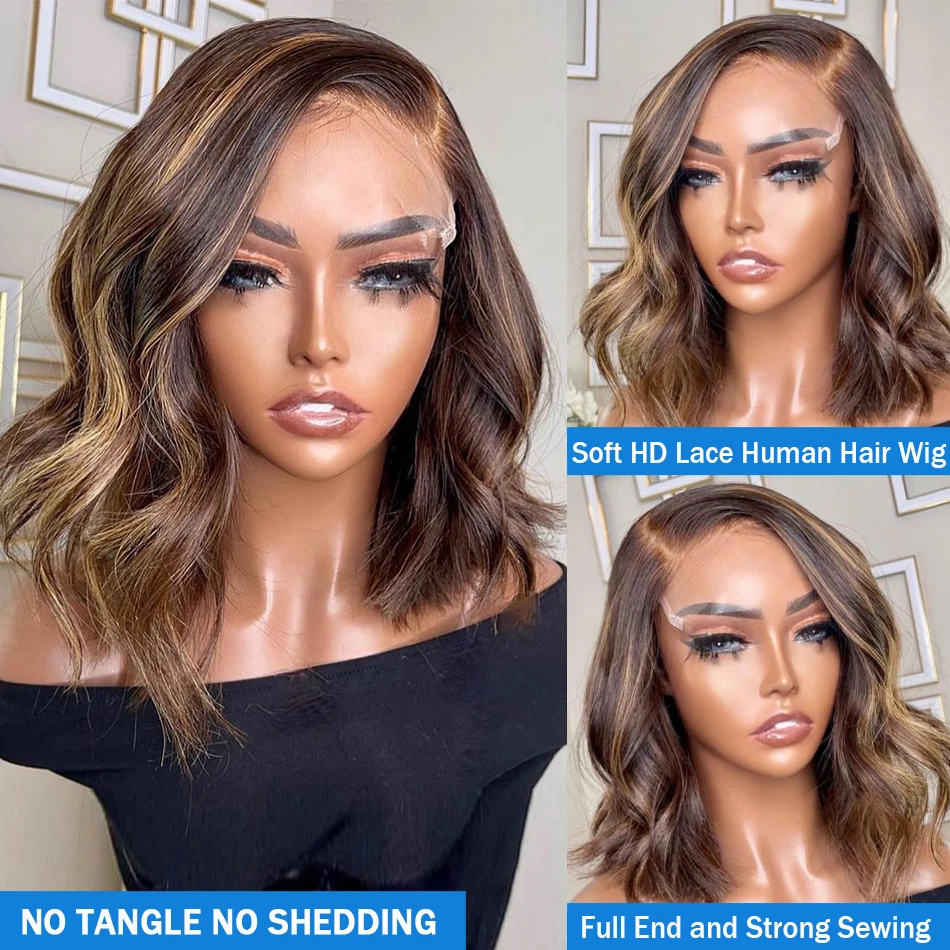 

13×4 Short Bob Wig Body Wave Lace Front Wig Highlight Blonde Ombre Brown 4/27 Colored Human Hair Wigs Pre Plucked Bleached Knots