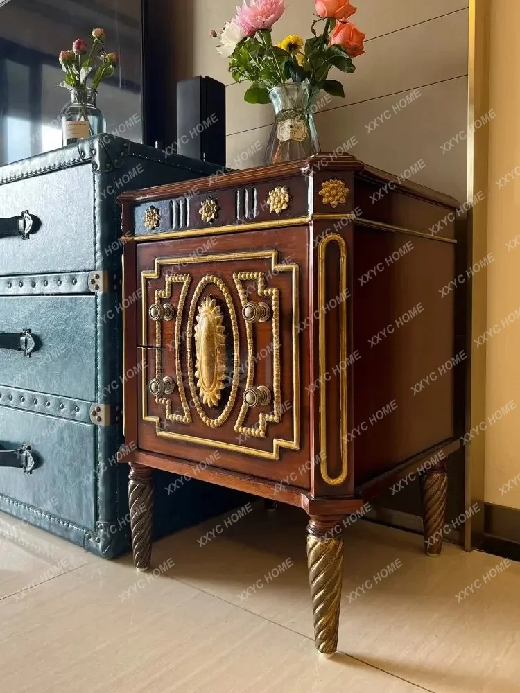 Neoclassical three-dimensional carved gold bedside table, living room decorative entrance cabinet, high-end display cabinet