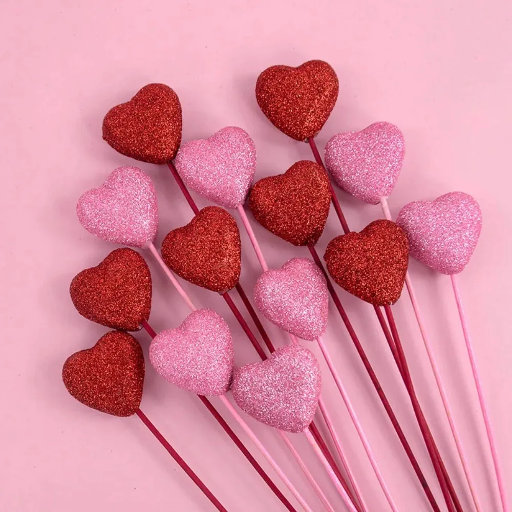 10pcs Shinny Glitter Hearts Stick DIY Foam Vase Pick Stick Flower Bouquet Red Heart Branch Dessert Cake Decor