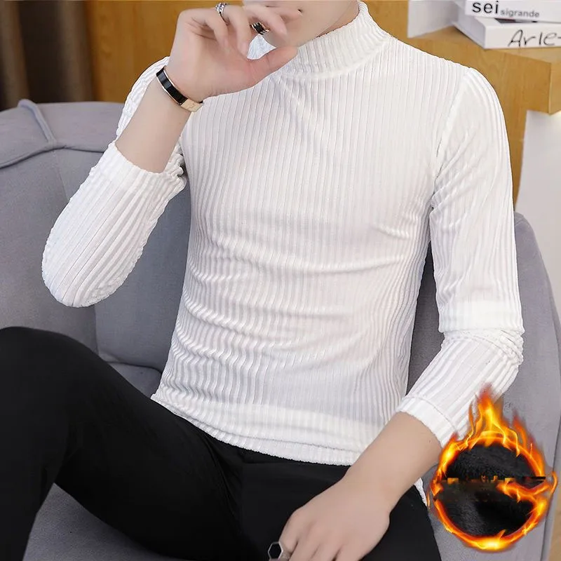 Men\'s Korean Solid Slim Turtleneck Pullovers T-shirt Autumn Winter Male Clothes High Quality Casual All-match Long Sleeve Tops