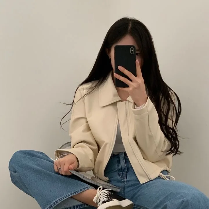 Korean Style Simple Elegant Motorcycle Leather Jacket Women's Outerwear Casual PU Leather Zipper Sleeve Long Coat