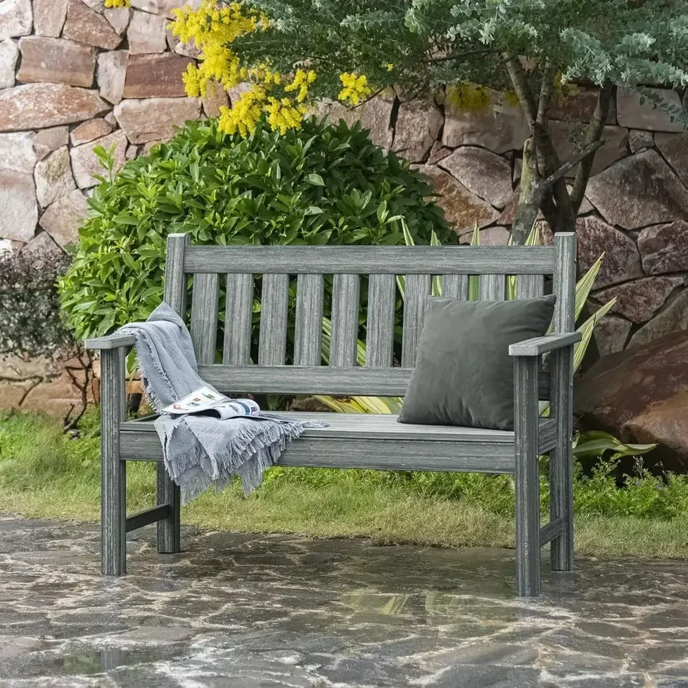 2-Person Grey Poly Lumber Outdoor Bench for Garden, Patio, Porch, and Park