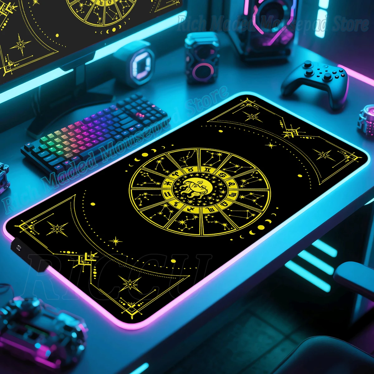 

RGB небесный коврик для мыши, астрология, фаза Луны, расширенный коврик, цикл, космический гороскоп, настольный коврик со знаком зодиака, мистические коврики для мыши, аксессуары для ПК