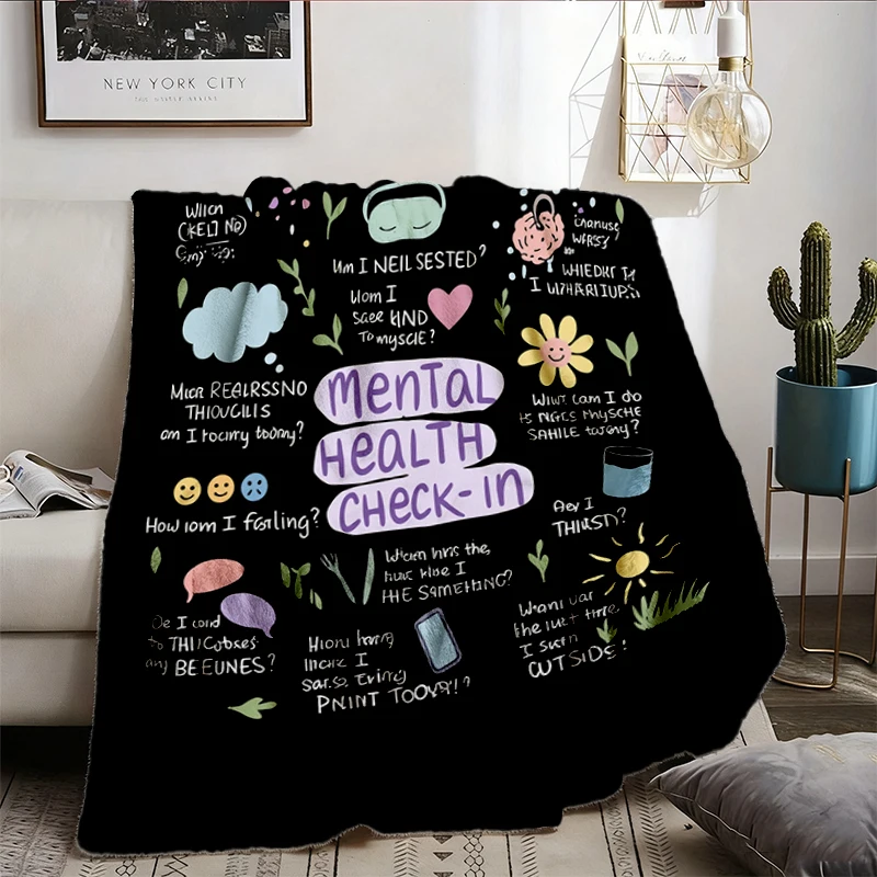 Mental Health Check In Flannel Blanket, Self Care Reminder Flannel Throw Anxiety Awareness Graphic Cozy Blanket