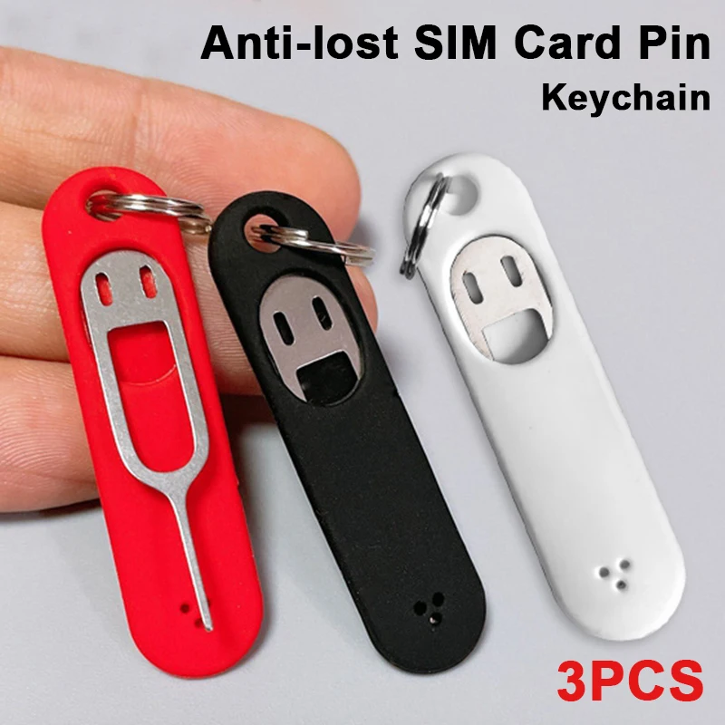 3pcs Silicone SIM Card Pin Keychain Phone ID Card Tray Pins Anti-lost KeyChains Stainless Steel Removal Needle Thimble Keyring