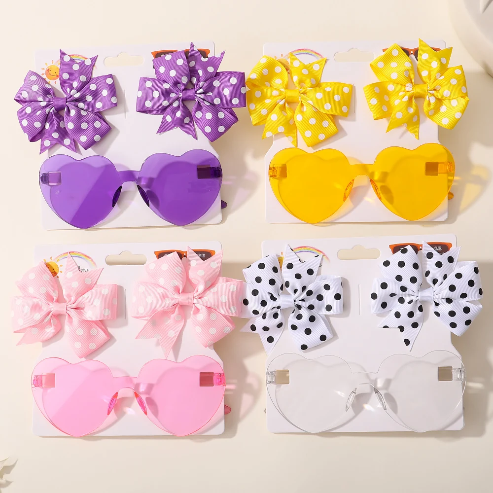 3Pcs/set Cute Solid Kids Dot Hairpin Colorful Heart Sun Glasses Set Girls Boutique Bowknot Hair Clips Children Hair Accessories