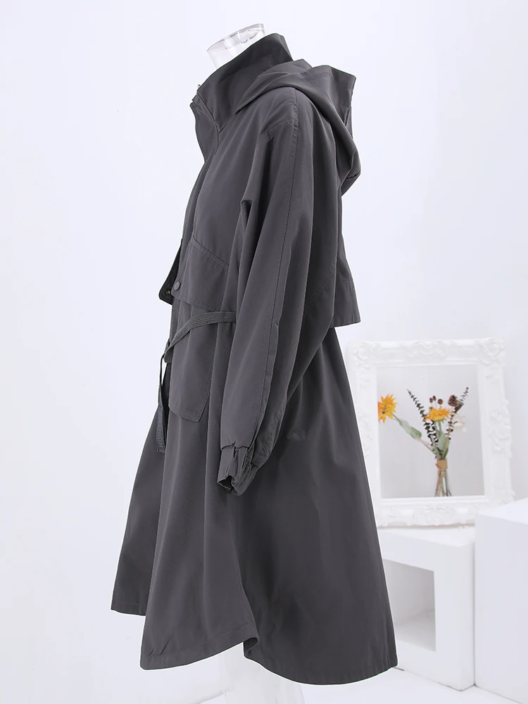 LANMREM Fashion Gray Loose Trench Coat Women Hooded Pockets Zipper Mid Length Windbreaker Office Lady 2024 New Clothing 32C1117