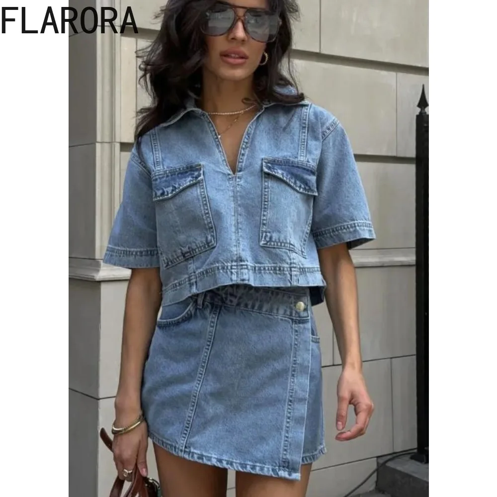 

FLARORA Fashion Denim Irregular 2 Pcs Sets Woman V Neck Short Sleeve Crop Tops And High Waist Shorts Skirts Summer Cowboy Suits