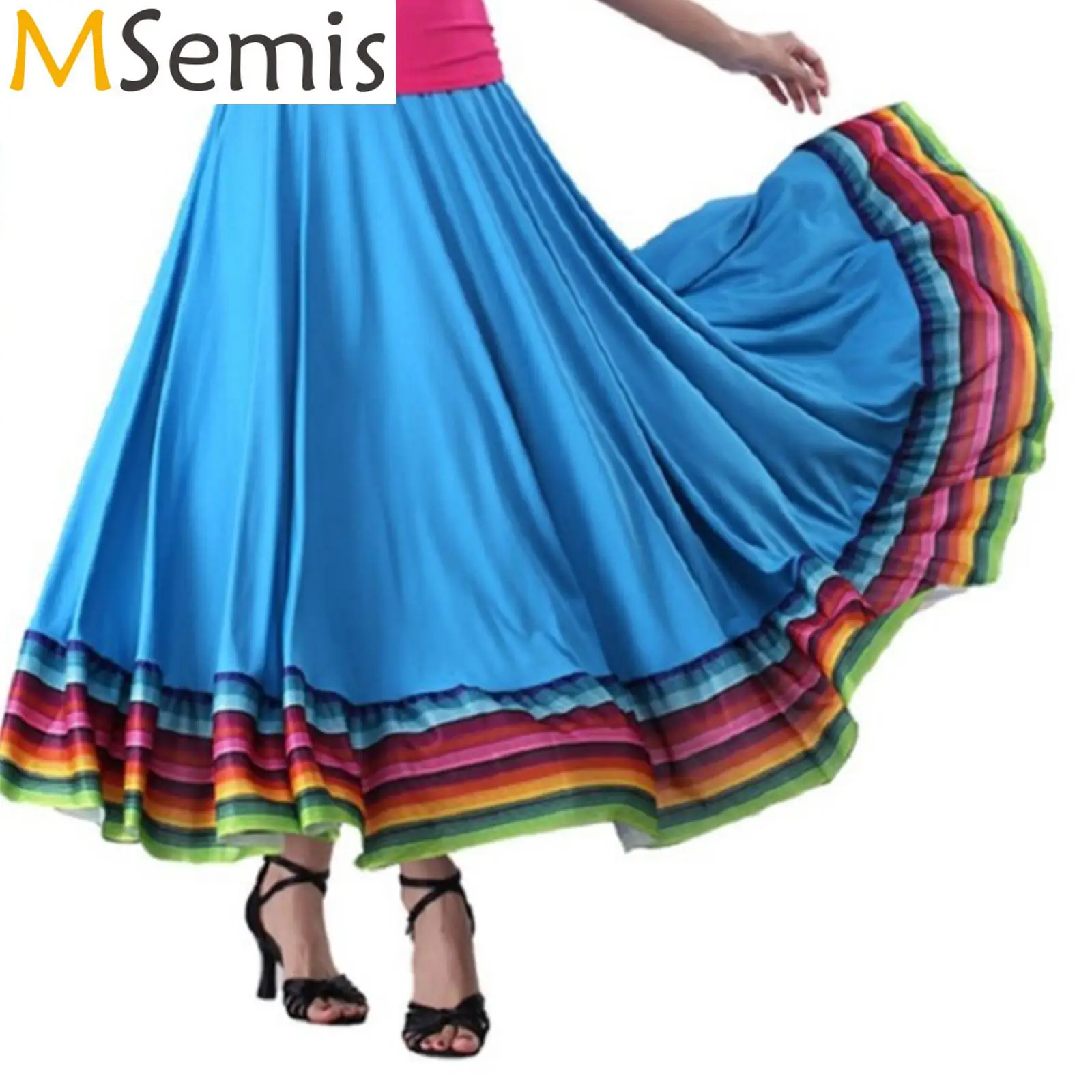 Womens Ballroom Dance Folk Waltz Dancing Skirts Colorful Stripe Hem Elastic Waistband Skirt Flamenco Stage Performance Costume