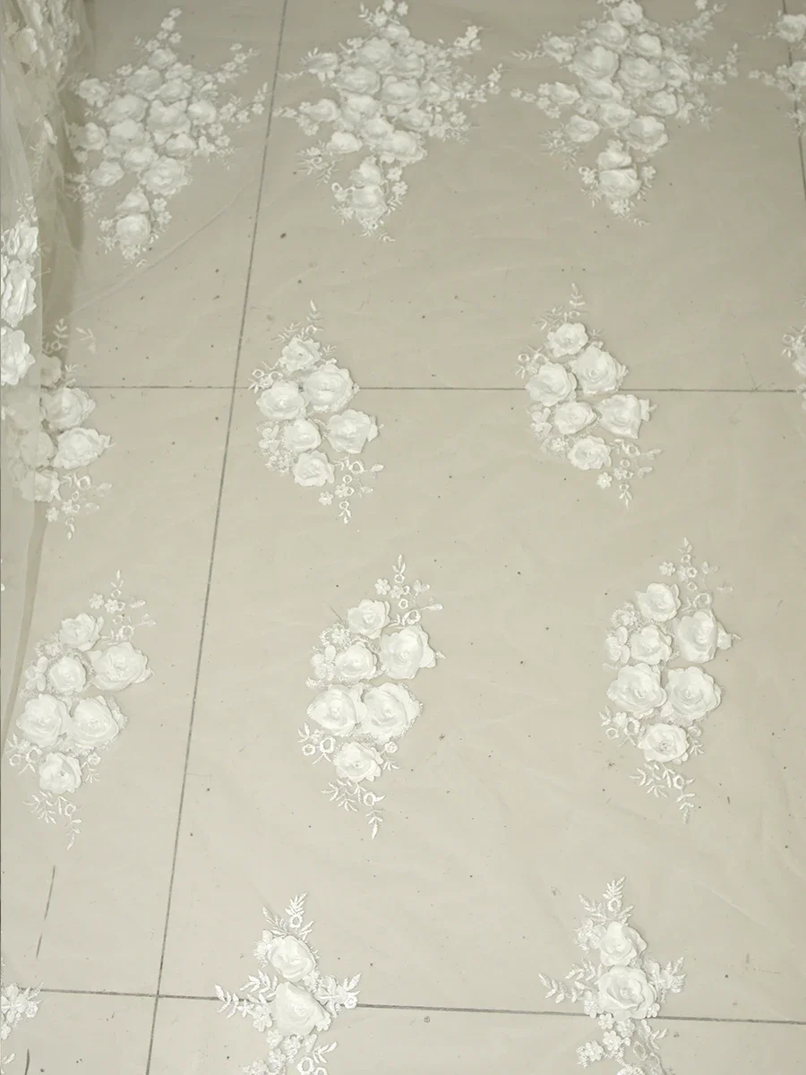3D Flower Lace Embroidered Tulle Fabric Sheer Lightweight Mesh For Bridal Veils Dress Embellishments And DIY Decoration