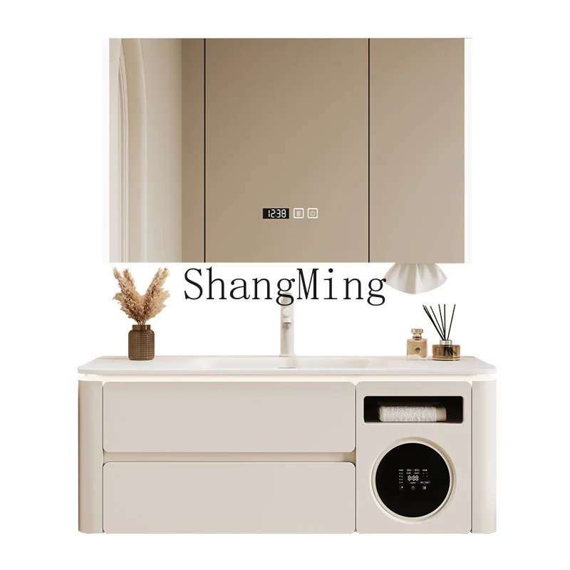 

ZYH new washing and drying machine bathroom cabinet combination cream wind oak cabinet ceramic basin wash basin