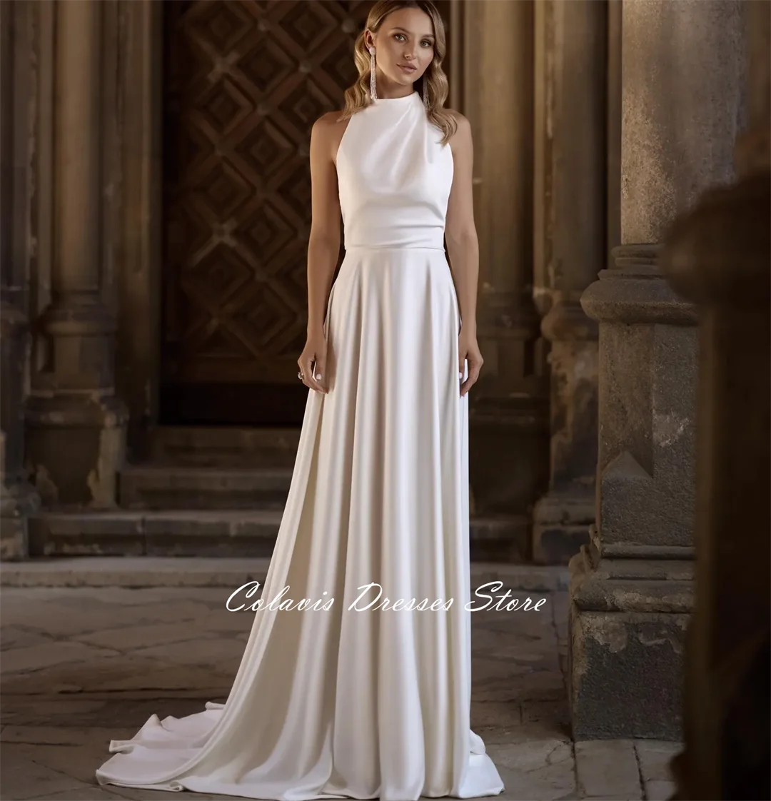 Fanan High Neck Backless Ärmelloses Brautkleid Angepasst Geraffte Sweep Zug Einfache Braut Party Kleid Vestidos De Novia