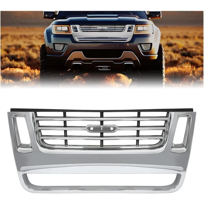 

HECASA Front Grill Bumper Grille Assembly Radiator Grille W/Side Openings 3-Bar Style Chrome Painted