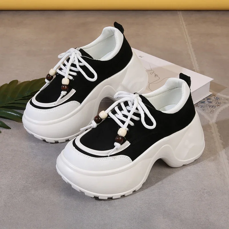 

2025 New Shoes for Women Lace Up Outdoor High Quality Women Sneakers High Heels Sponge Bottom Casual Round Head Vulcanize Shoes