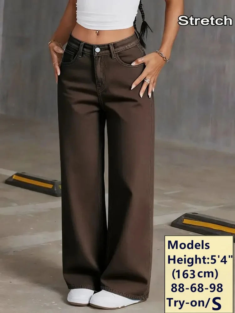 Women's Coffee Brown Wide Leg Jeans High Waisted Super Stretchy Loose Fit Denim Trousers Streetwear
