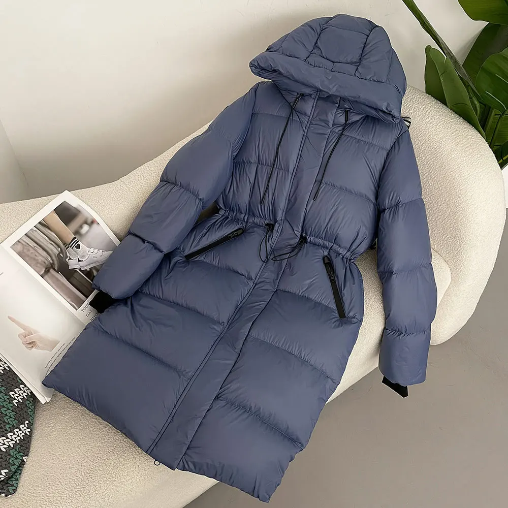2024 Herbst Winter Mode Verkauf warme lange Kapuze Taille Daunen jacke Frauen verdickte lässige lose Jacke weiße Ente Daunen