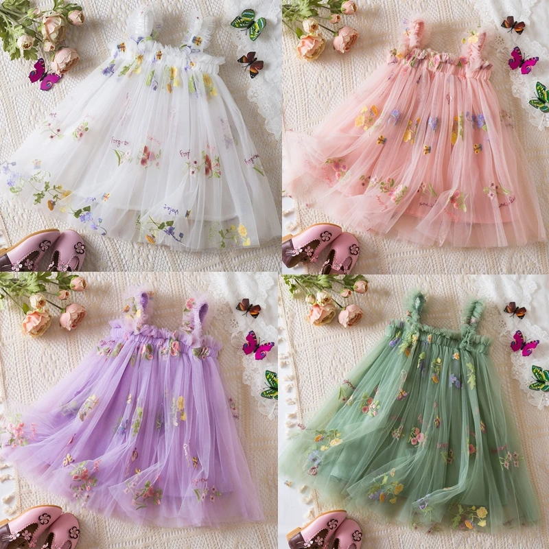 Cute Toddler Girls Flower Embroidery Baby Girl Dress Suspenders Mesh Baby Girl Clothes Birthday Princess Baby Dresses 1-5 Years