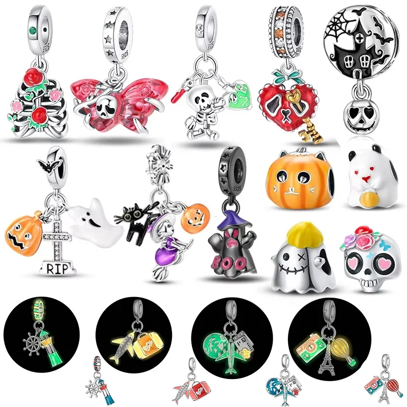 

925 Sterling Silver Halloween Series Charms Luminous Pumpkin Demon Skull Beads For Fit 3mm Original Bracelet DIY Jewelry