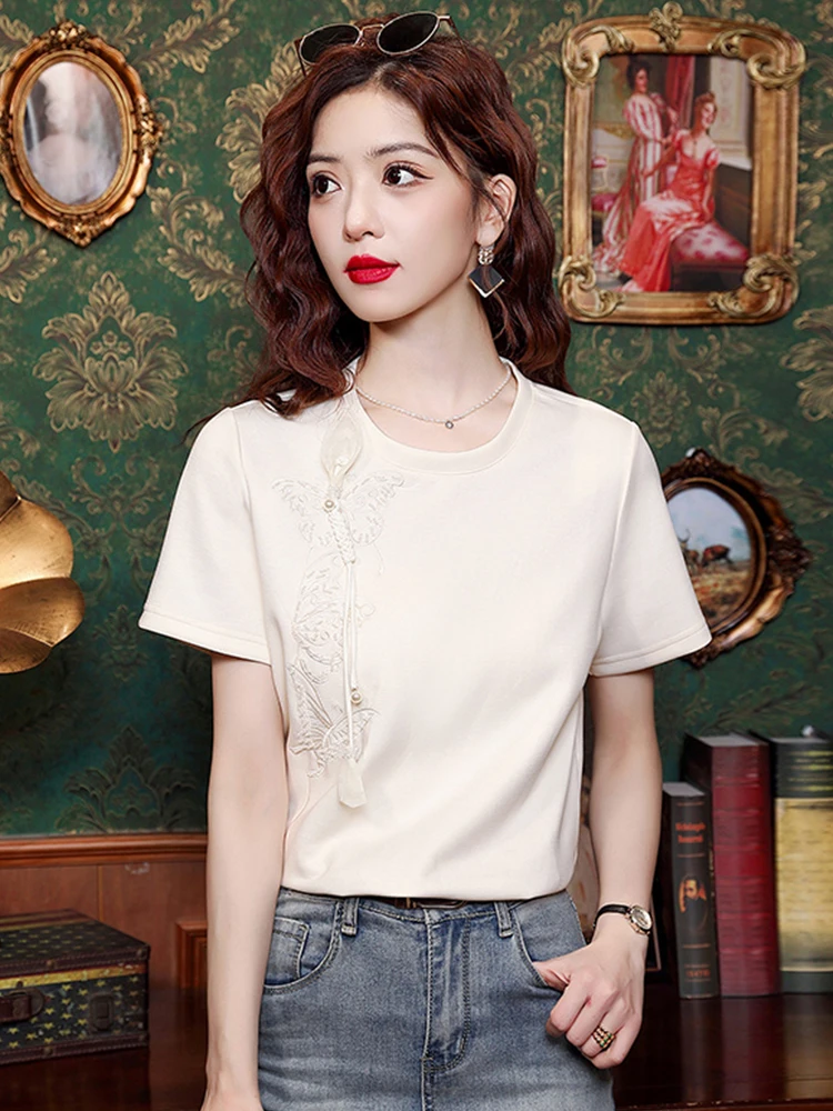 

Женская футболка с круглым вырезом и коротким рукавом, белая, с вышивкой, повседневная, свободного кроя, универсальная, модная, летняя новинка