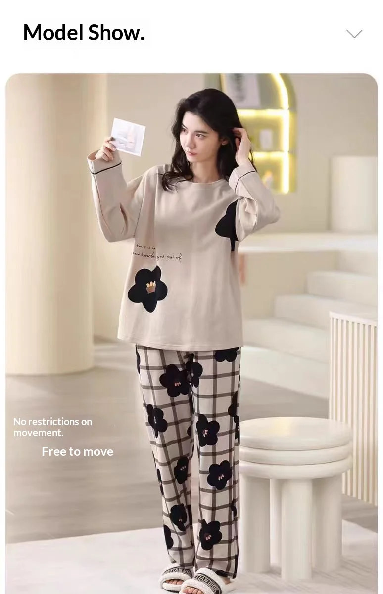 Damen Frühling/Herbst Pyjama: Langarm-Loungewear-Set für Mädchen, Übergröße, Schlicht, Locker Sitzend, Leichtes Pyjama-Set – Detail 5