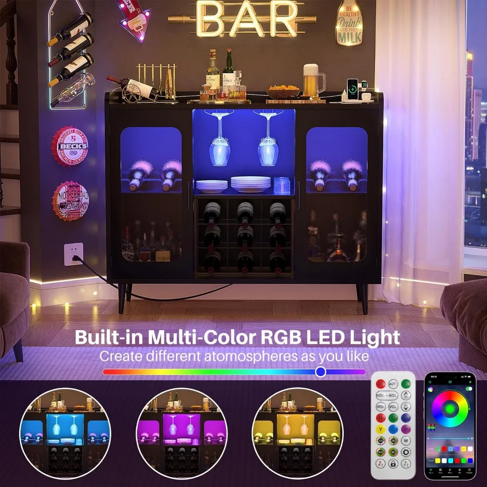 Wine Bar Cabinet com Power Outlet, Liquor Cabinet Bar com luz LED e suporte de vidro, Home Coffee