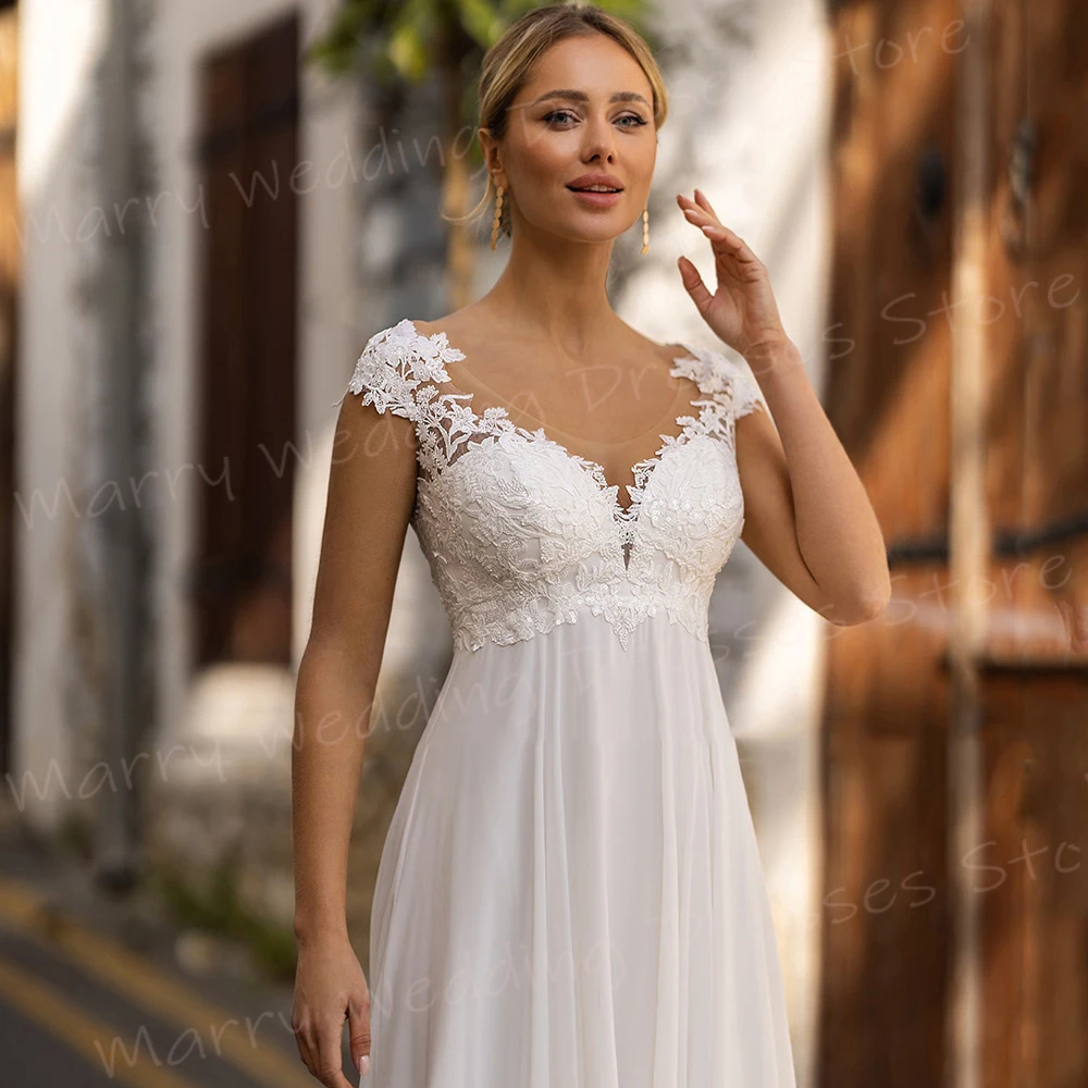 Popular Charming A Line Women's Wedding Dresses V Neck Lace Appliques Bride Gowns Graceful Cap Sleeve Button Vestidos De Novia