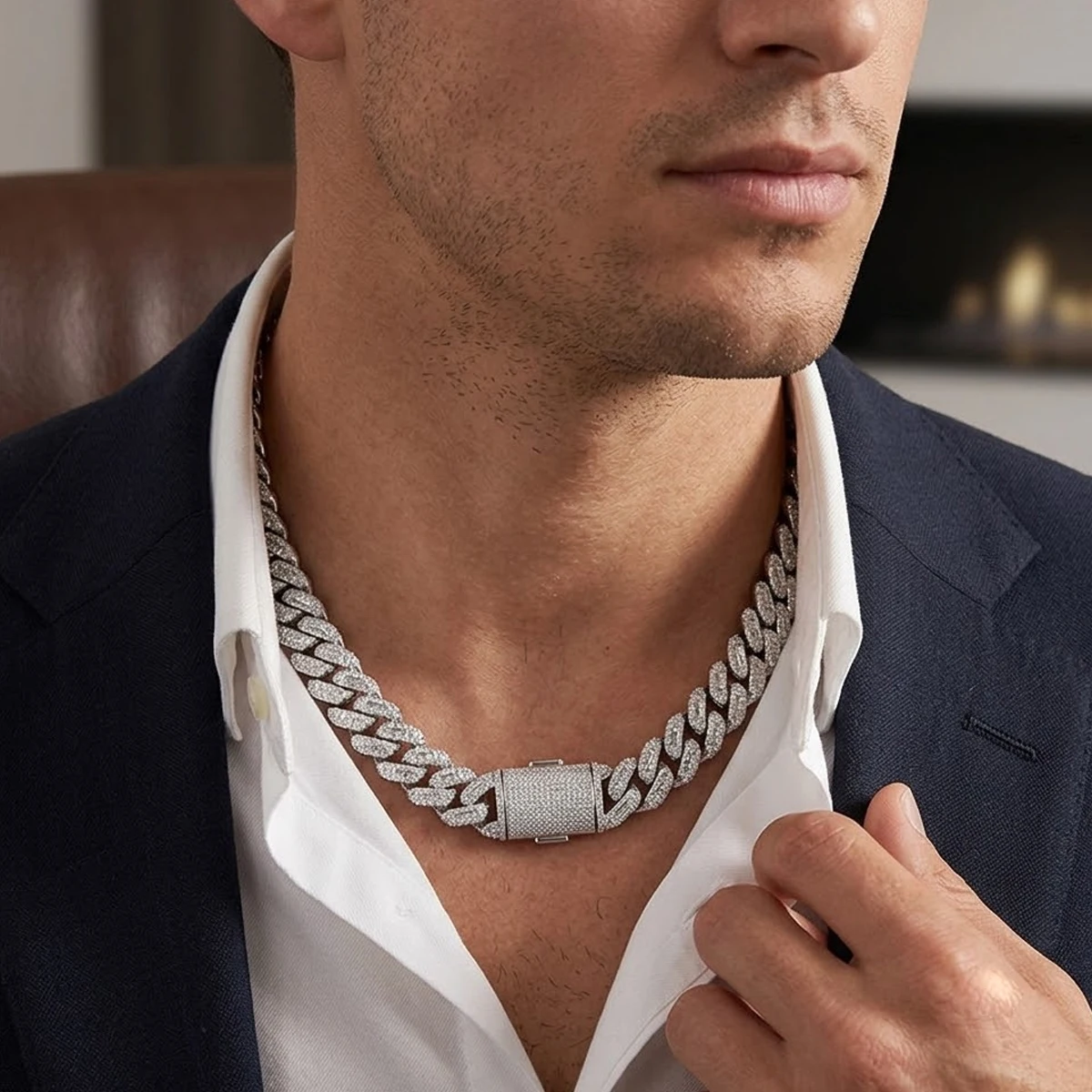 Massive 20mm breite zweifarbige Cuban Link Kette mit Steinbesatz, versilbertes Kupfer mit Baguette- und runden Zirkonia-Steinen, vollständig besetzter Miami-Kettenverschluss, verschiedene Längen