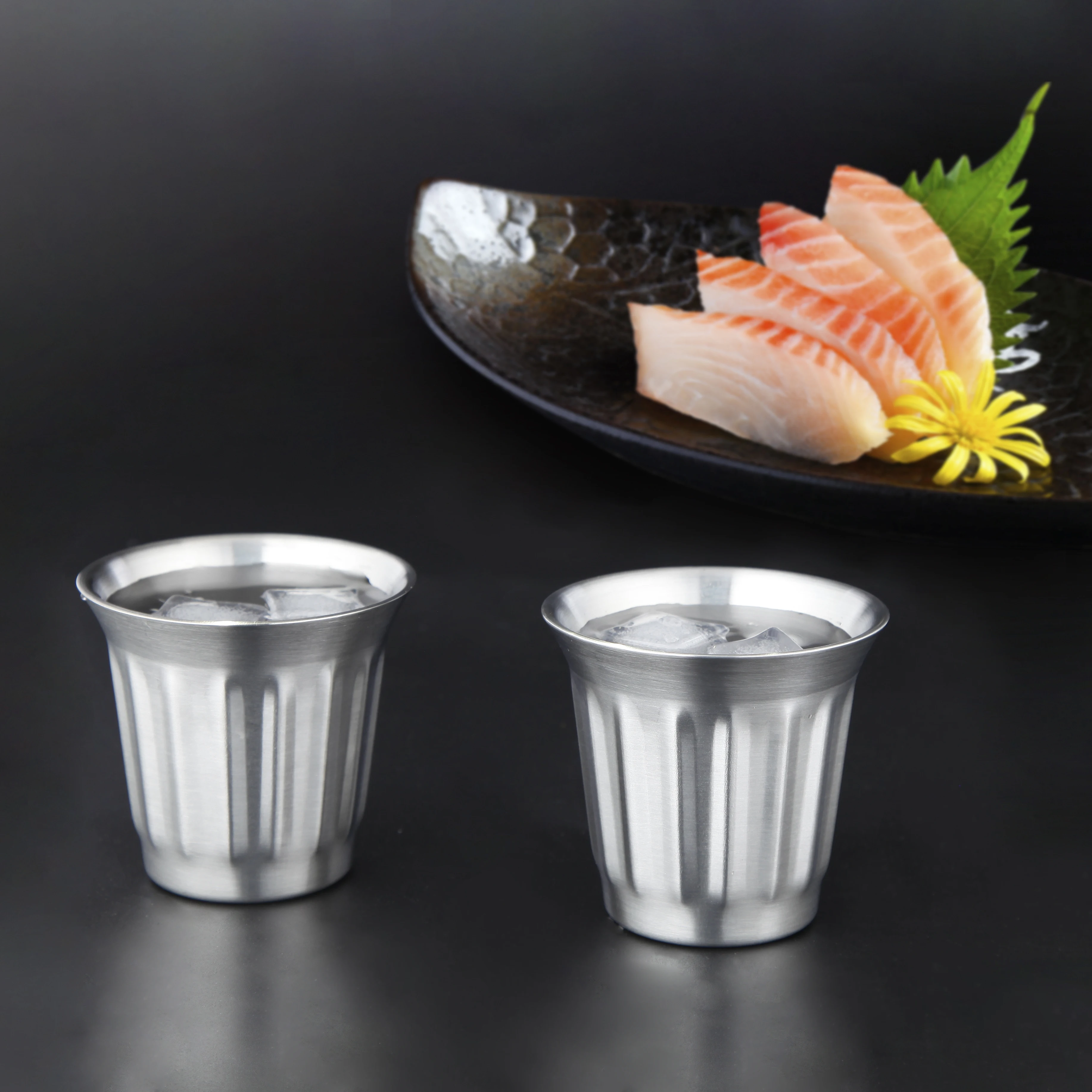 Easyworkz Stainless Steel Double-Wall Espresso Cups 5 oz/150 ml Set of 2, Vertical Stripe Design
