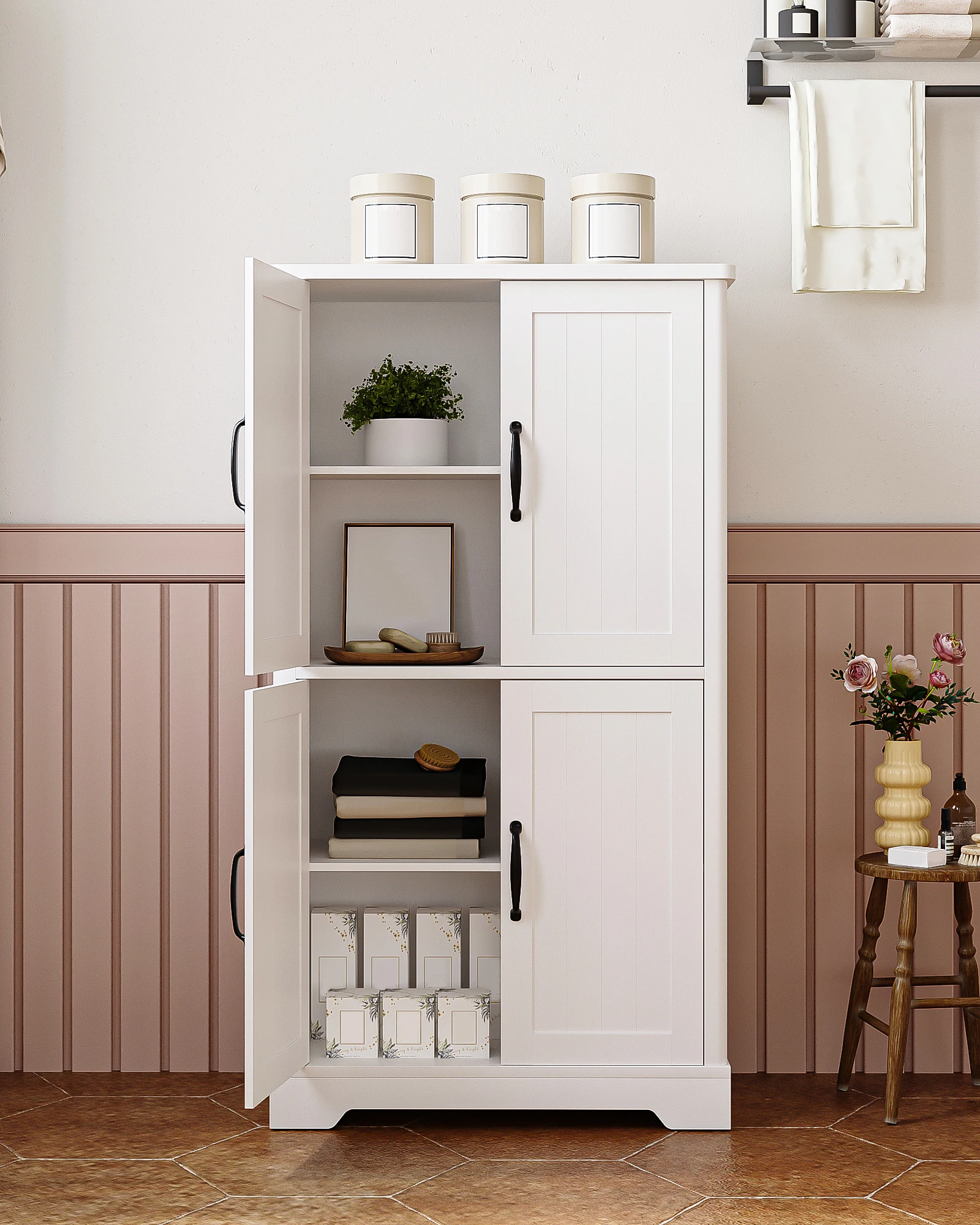 Mobile da Bagno con 4 Ante, Armadio da Cucina con Cassetti e Ripiano Regolabile per Soggiorno, Bagno, Cucina, Lavanderia, Bianco