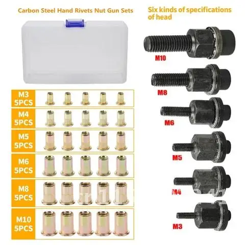 Accessory Tool for Nuts 36PCS/set Hand Rivet Nut Gun Head M3 M4 M5 M6 M8 M10 Simple Installation Manual Riveter Rivnut