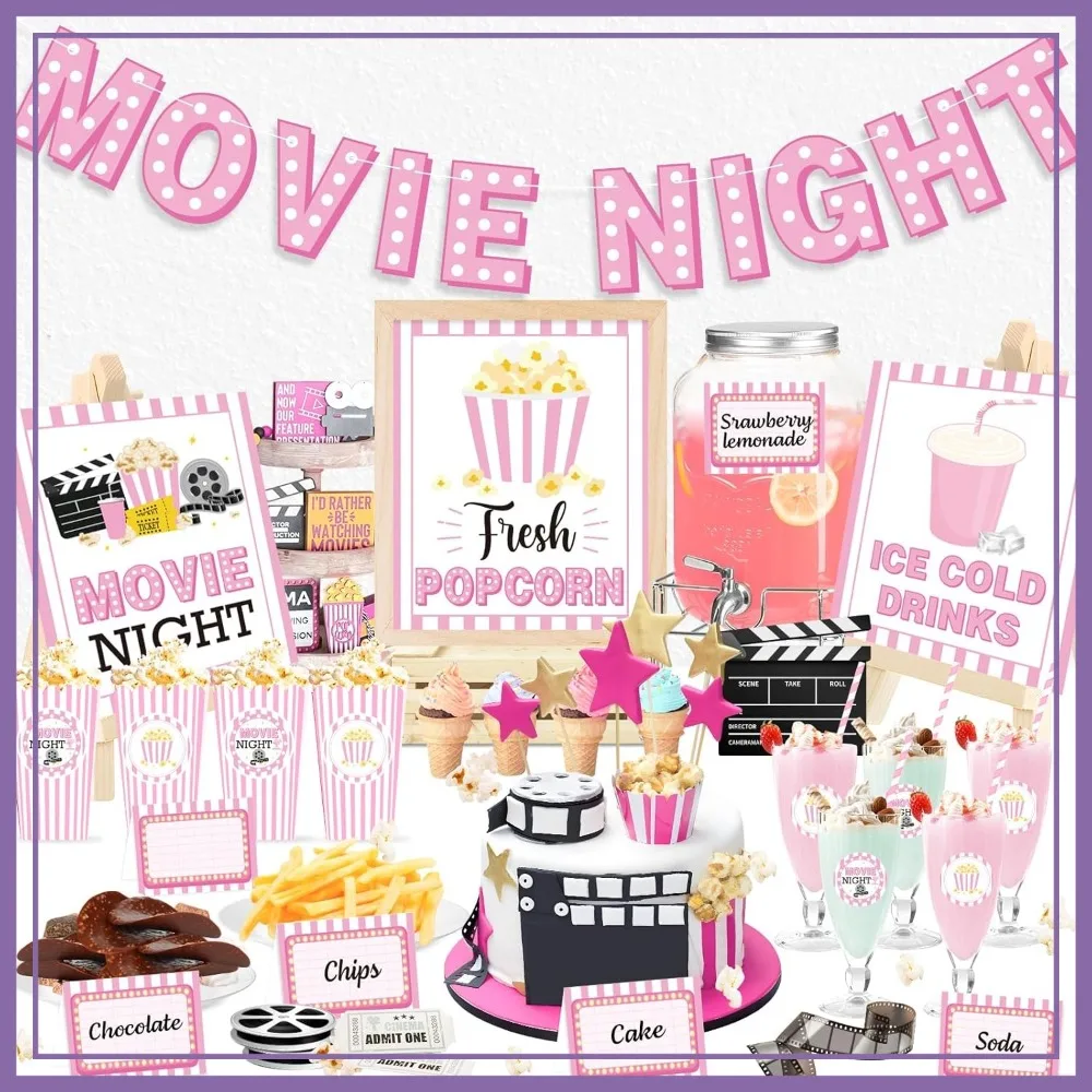 Decoraciones para Fiesta de Noche de Cine - Pancarta Rosa de Películas, Lindo Letrero de Palomitas, Adornos para Bebidas Frías, Tarjetas para Tiendas de Campaña, Pegatinas para Fiesta Temática