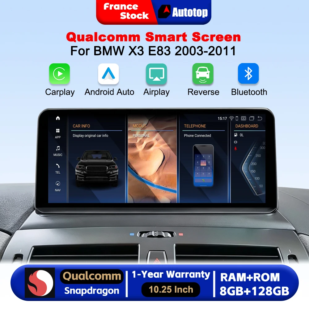 10,25-calowy ekran samochodowy Qualcomm 4+64GB 8+128GB z bezprzewodowym CarPlay i Android Auto do BMW X3 E83 2003-2011. Inteligentny odtwarzacz multimedialny z ekranem dotykowym, nawigacją GPS,
