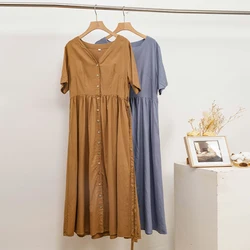 Summer Cotton Linen Women's Dress Sexy V-Neck Short Sleeve Button Up Maxi Chic Elegant Party Dress Long Sundress Vintage Clothes