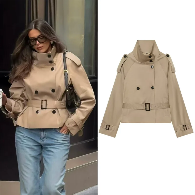 Smvp Women's Jacket 2026 Fall New Khaki Stand Collar Double-Breasted Jacket with Belt Decoration Parka Short Trench Coat