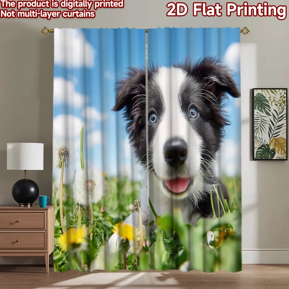 

2D flat printing 2pcs Window Treatment Curtains Cute Border Collie Puppy Blue Eyes Digital Printed Polyester Drapes Holiday